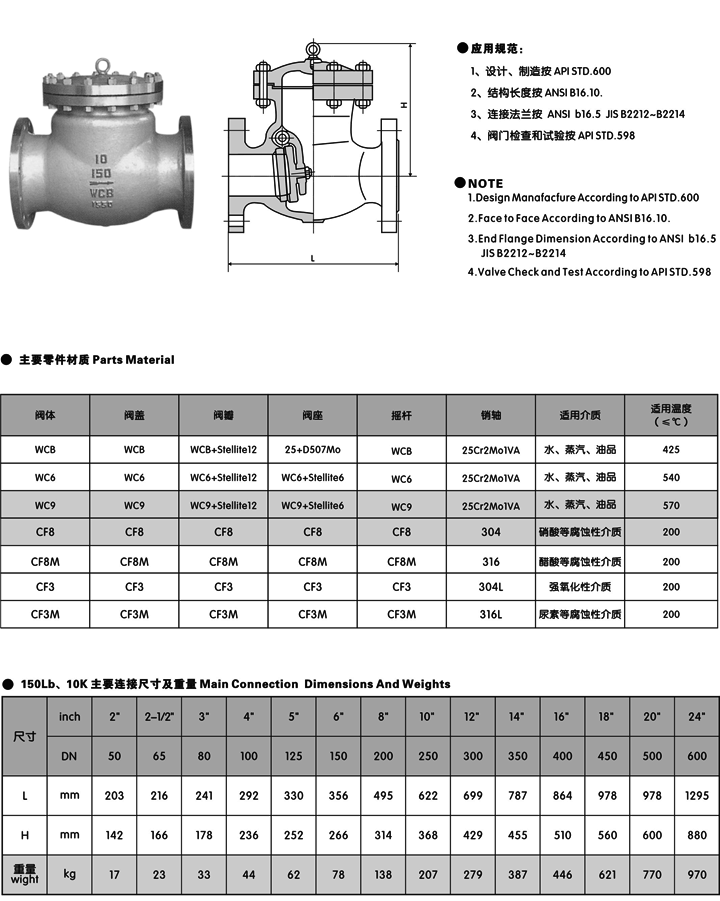 美標止回閥_(API,JIS,磅級)旋啟式止回閥尺寸結構圖